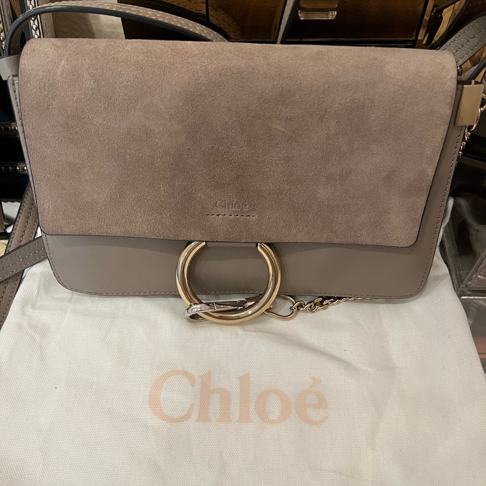 Suede Calfskin Small Faye Shoulder Bag Motty Grey